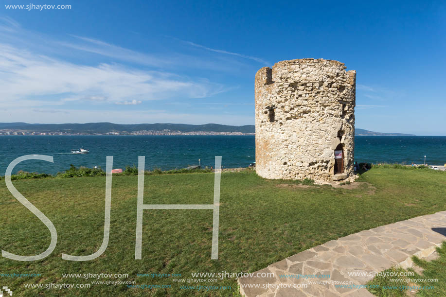 NESSEBAR, BULGARIA - AUGUST 12, 2018: Ruins of Ancient Battle Tower in old town of Nessebar, Burgas Region, Bulgaria