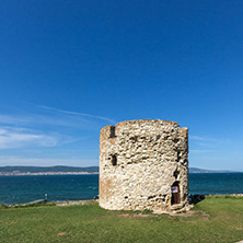 NESSEBAR, BULGARIA - AUGUST 12, 2018: Ruins of Ancient Battle Tower in old town of Nessebar, Burgas Region, Bulgaria