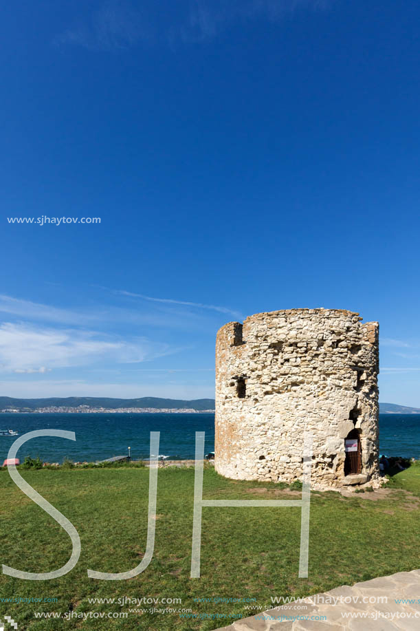 NESSEBAR, BULGARIA - AUGUST 12, 2018: Ruins of Ancient Battle Tower in old town of Nessebar, Burgas Region, Bulgaria