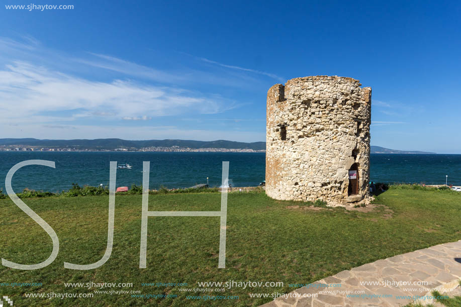 NESSEBAR, BULGARIA - AUGUST 12, 2018: Ruins of Ancient Battle Tower in old town of Nessebar, Burgas Region, Bulgaria