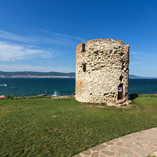 NESSEBAR, BULGARIA - AUGUST 12, 2018: Ruins of Ancient Battle Tower in old town of Nessebar, Burgas Region, Bulgaria