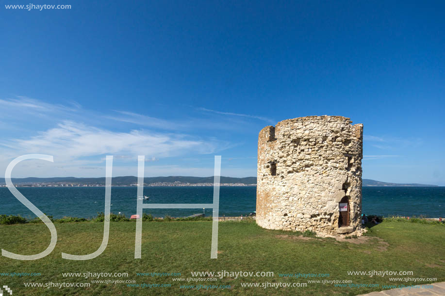 NESSEBAR, BULGARIA - AUGUST 12, 2018: Ruins of Ancient Battle Tower in old town of Nessebar, Burgas Region, Bulgaria