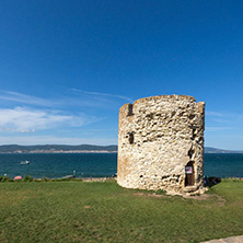 NESSEBAR, BULGARIA - AUGUST 12, 2018: Ruins of Ancient Battle Tower in old town of Nessebar, Burgas Region, Bulgaria