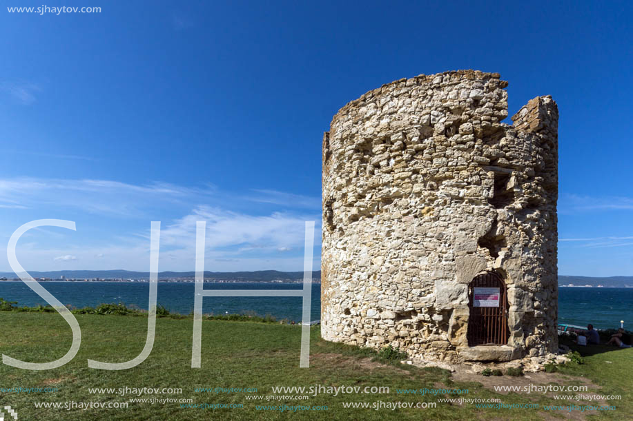 NESSEBAR, BULGARIA - AUGUST 12, 2018: Ruins of Ancient Battle Tower in old town of Nessebar, Burgas Region, Bulgaria