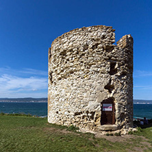 NESSEBAR, BULGARIA - AUGUST 12, 2018: Ruins of Ancient Battle Tower in old town of Nessebar, Burgas Region, Bulgaria