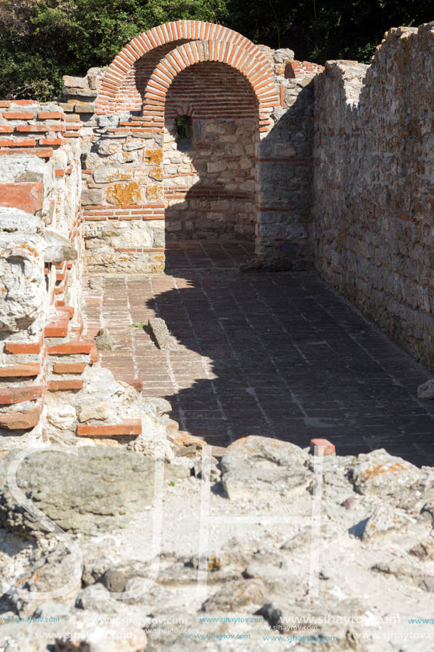 NESSEBAR, BULGARIA - AUGUST 12, 2018: Ruins of Ancient Church of the Holy Mother Eleusa in the town of Nessebar, Burgas Region, Bulgaria