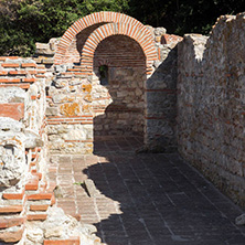 NESSEBAR, BULGARIA - AUGUST 12, 2018: Ruins of Ancient Church of the Holy Mother Eleusa in the town of Nessebar, Burgas Region, Bulgaria