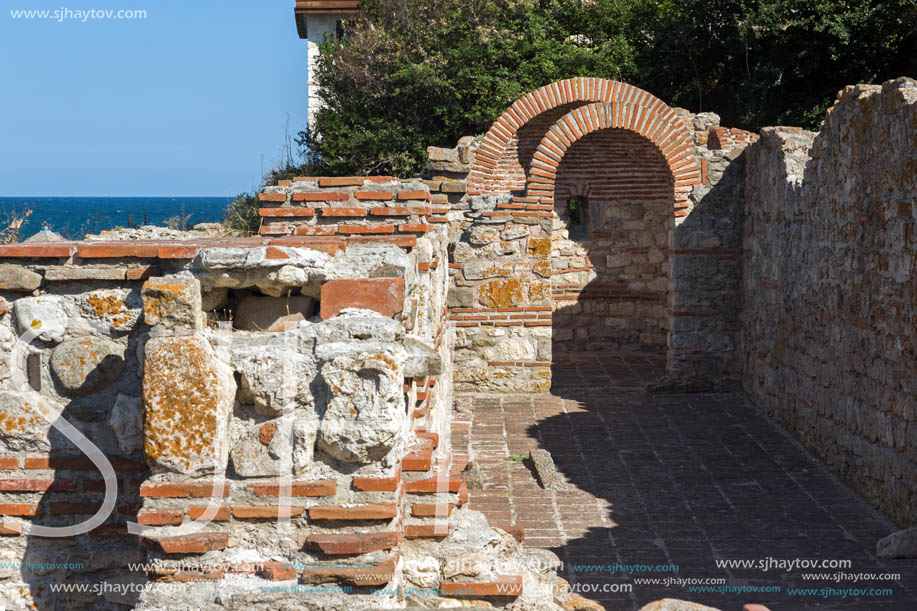 NESSEBAR, BULGARIA - AUGUST 12, 2018: Ruins of Ancient Church of the Holy Mother Eleusa in the town of Nessebar, Burgas Region, Bulgaria