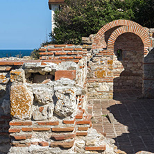 NESSEBAR, BULGARIA - AUGUST 12, 2018: Ruins of Ancient Church of the Holy Mother Eleusa in the town of Nessebar, Burgas Region, Bulgaria