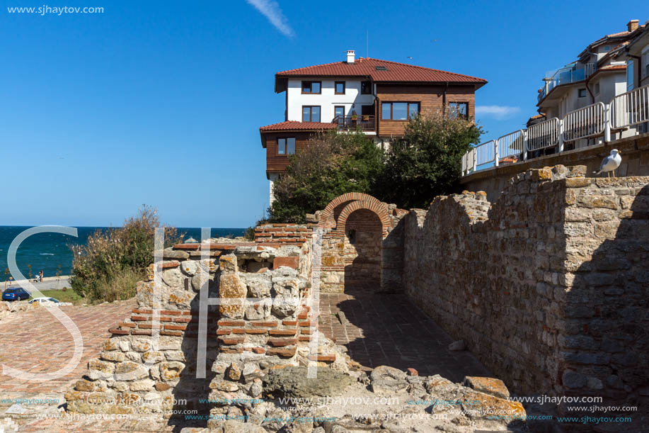 NESSEBAR, BULGARIA - AUGUST 12, 2018: Ruins of Ancient Church of the Holy Mother Eleusa in the town of Nessebar, Burgas Region, Bulgaria