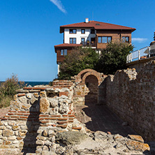 NESSEBAR, BULGARIA - AUGUST 12, 2018: Ruins of Ancient Church of the Holy Mother Eleusa in the town of Nessebar, Burgas Region, Bulgaria