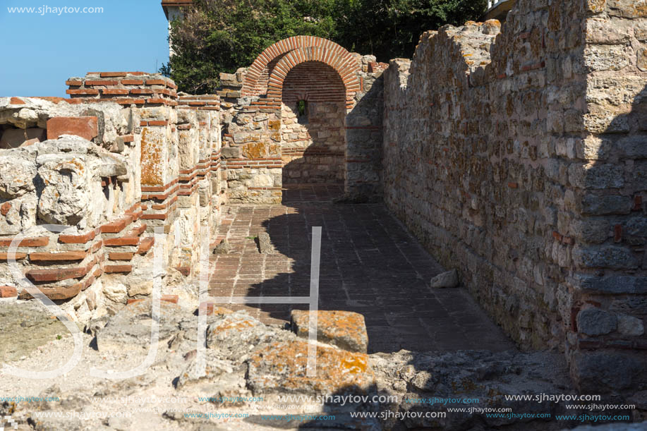 NESSEBAR, BULGARIA - AUGUST 12, 2018: Ruins of Ancient Church of the Holy Mother Eleusa in the town of Nessebar, Burgas Region, Bulgaria