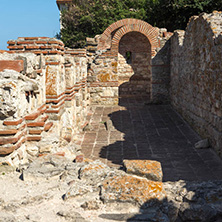 NESSEBAR, BULGARIA - AUGUST 12, 2018: Ruins of Ancient Church of the Holy Mother Eleusa in the town of Nessebar, Burgas Region, Bulgaria