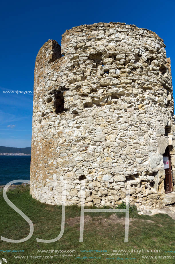 NESSEBAR, BULGARIA - AUGUST 12, 2018: Ruins of Ancient Battle Tower in old town of Nessebar, Burgas Region, Bulgaria