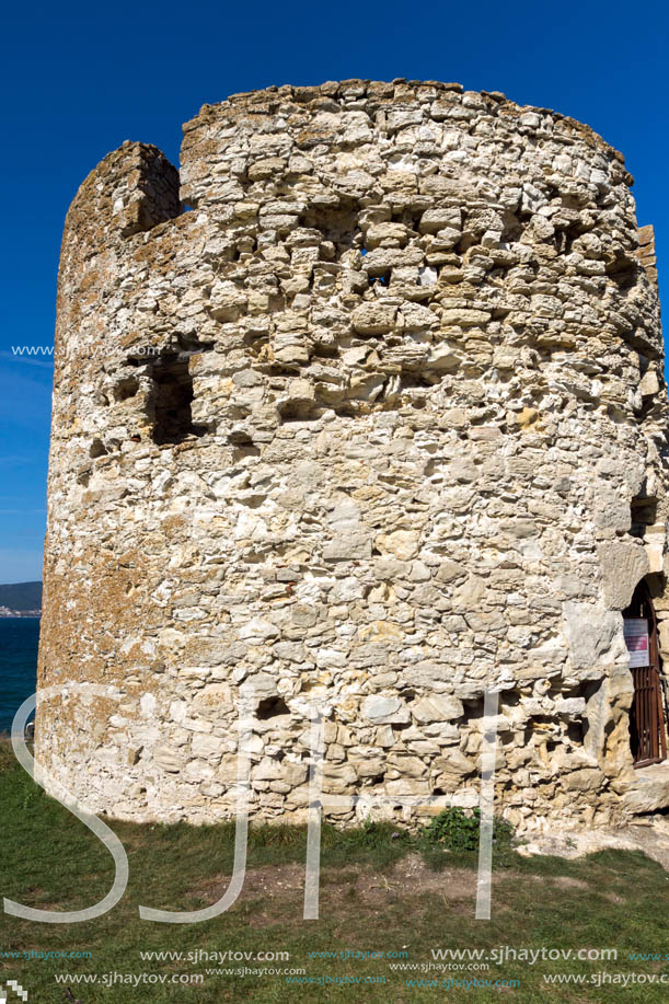 NESSEBAR, BULGARIA - AUGUST 12, 2018: Ruins of Ancient Battle Tower in old town of Nessebar, Burgas Region, Bulgaria