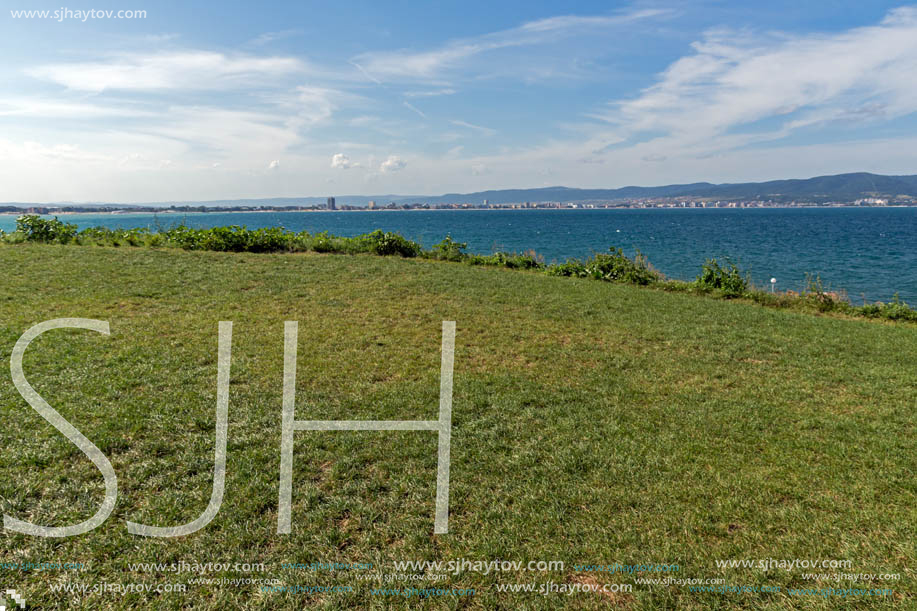 NESSEBAR, BULGARIA - AUGUST 12, 2018:  Panorama from coastline of Nessebar to resorts of Sunny Beach, St. Vlas and Elenite, Burgas Region, Bulgaria