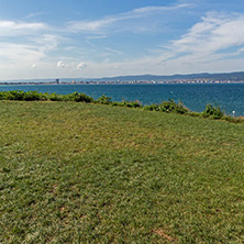 NESSEBAR, BULGARIA - AUGUST 12, 2018:  Panorama from coastline of Nessebar to resorts of Sunny Beach, St. Vlas and Elenite, Burgas Region, Bulgaria