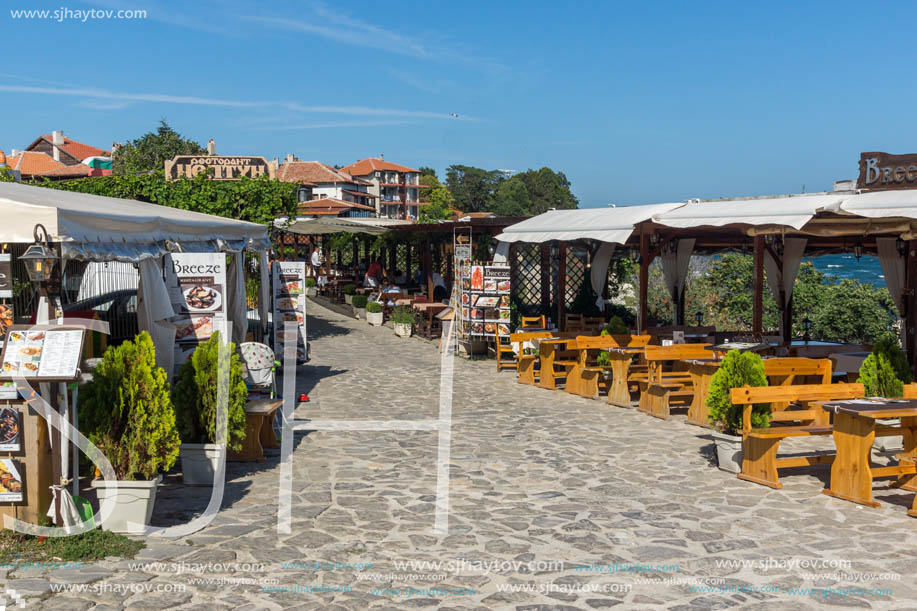 NESSEBAR, BULGARIA - AUGUST 12, 2018: Typical Street in old town of Nessebar, Burgas Region, Bulgaria