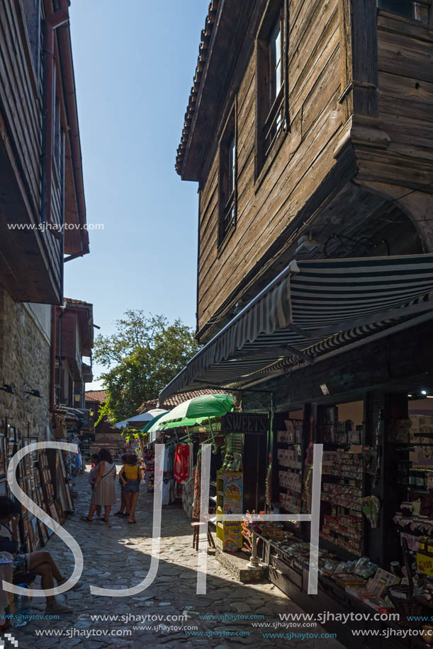 NESSEBAR, BULGARIA - AUGUST 12, 2018: Typical Street in old town of Nessebar, Burgas Region, Bulgaria