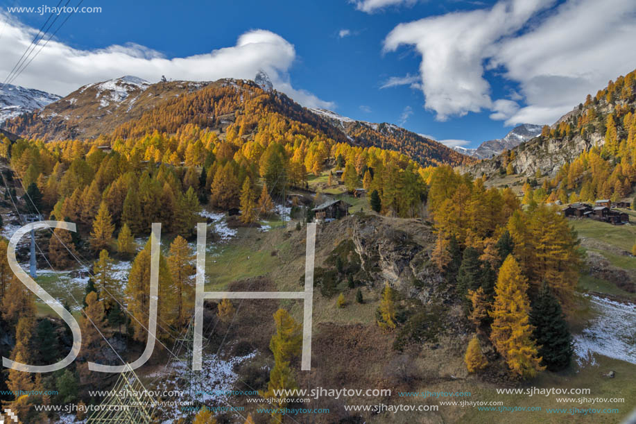 ZERMATT, SWITZERLAND - OCTOBER 27, 2015: Amazing Autumn panorama to Zermatt Resort, Alps, Switzerland