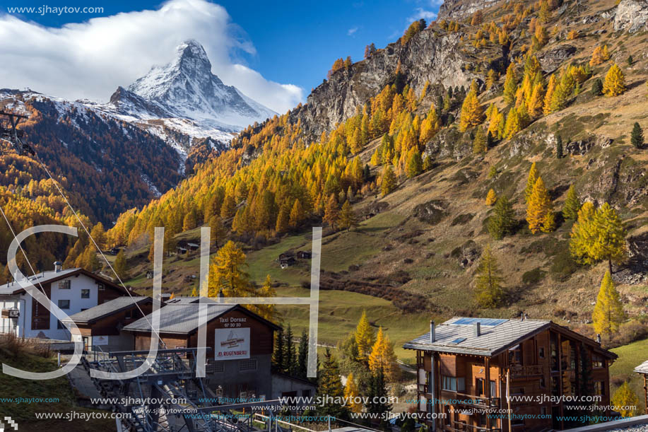 ZERMATT, SWITZERLAND - OCTOBER 27, 2015: Amazing Autumn panorama to Zermatt Resort, Alps, Switzerland