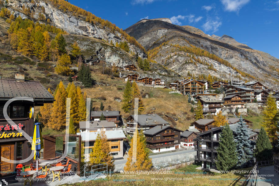 ZERMATT, SWITZERLAND - OCTOBER 27, 2015: Amazing Autumn panorama to Zermatt Resort, Alps, Switzerland