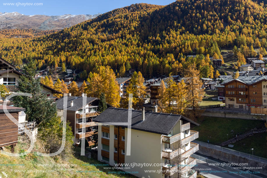 ZERMATT, SWITZERLAND - OCTOBER 27, 2015: Amazing Autumn panorama to Zermatt Resort, Alps, Switzerland