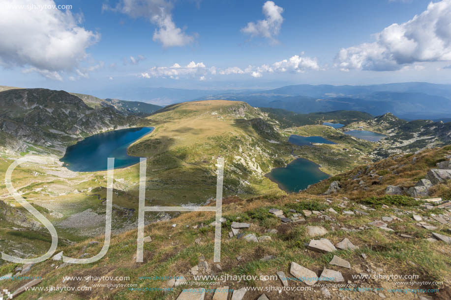 Summer view of The Kidney, The Twin, The Trefoil, The Fish and The Lower lakes, Rila Mountain, The Seven Rila Lakes, Bulgaria