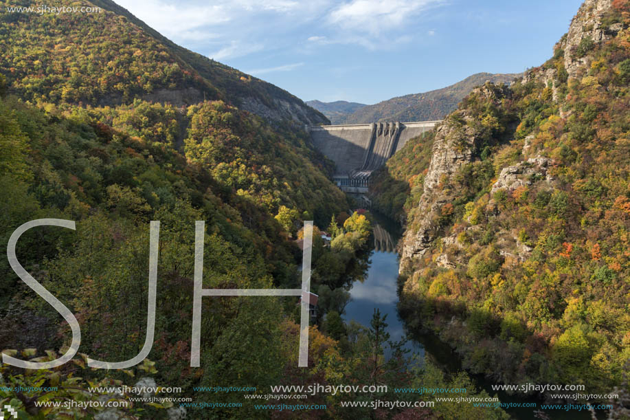 Amazing Autumn landscape of The Vacha (Antonivanovtsi) Reservoir, Rhodope Mountains, Plovdiv Region, Bulgaria