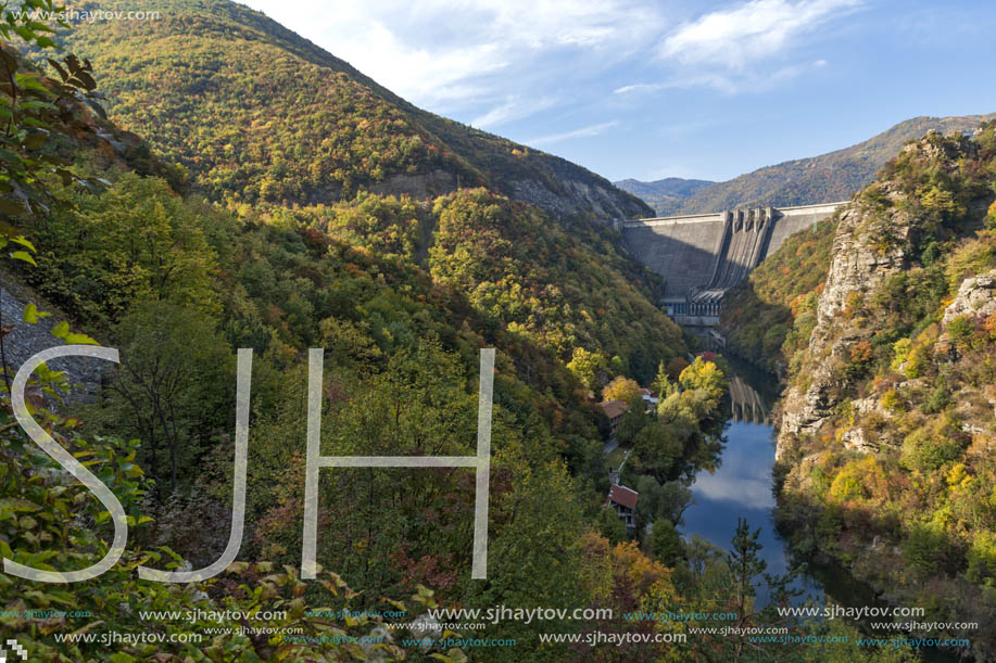 Amazing Autumn landscape of The Vacha (Antonivanovtsi) Reservoir, Rhodope Mountains, Plovdiv Region, Bulgaria