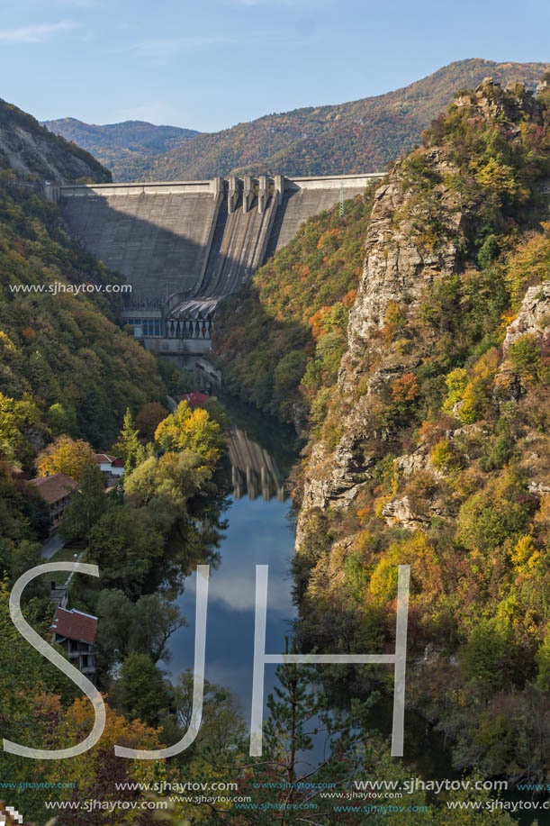 Amazing Autumn landscape of The Vacha (Antonivanovtsi) Reservoir, Rhodope Mountains, Plovdiv Region, Bulgaria