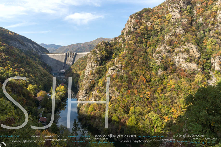 Amazing Autumn landscape of The Vacha (Antonivanovtsi) Reservoir, Rhodope Mountains, Plovdiv Region, Bulgaria