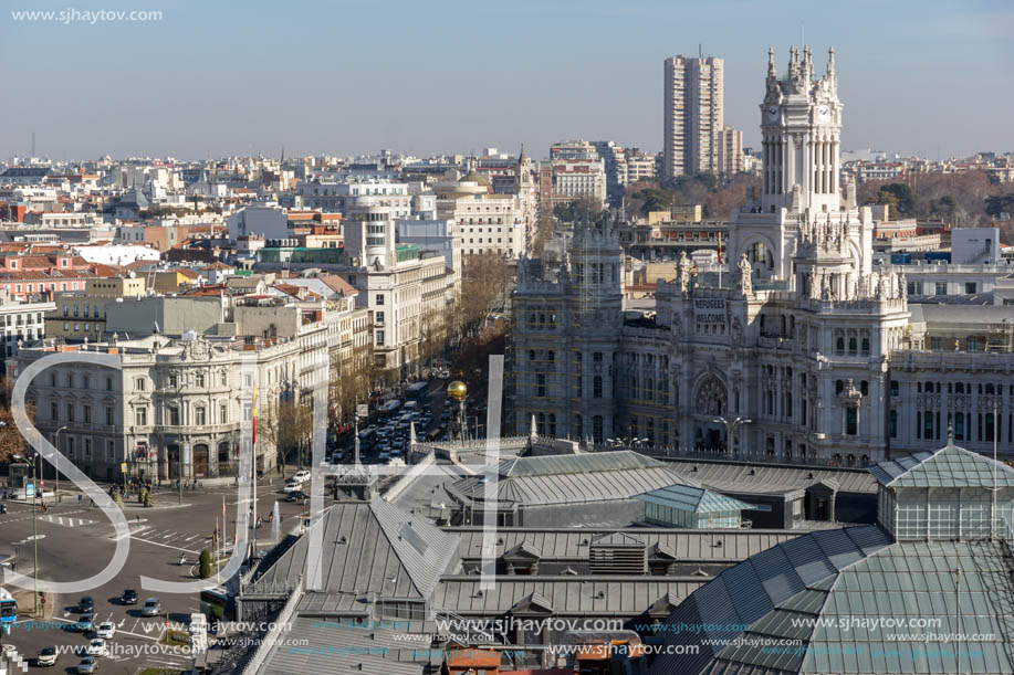 MADRID, SPAIN - JANUARY 24, 2018:  Amazing Panoramic view of city of Madrid from Circulo de Bellas Artes, Spain