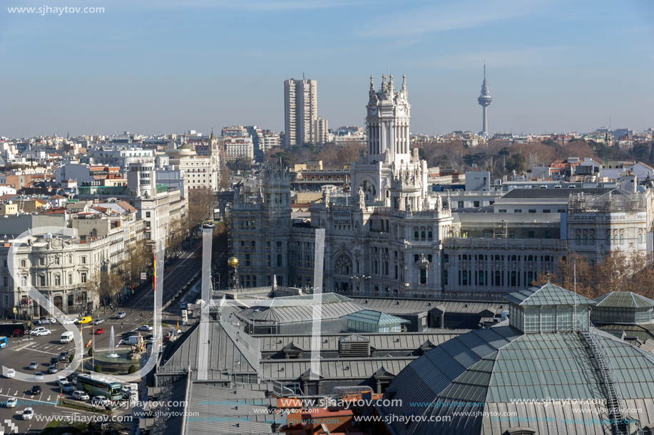 MADRID, SPAIN - JANUARY 24, 2018:  Amazing Panoramic view of city of Madrid from Circulo de Bellas Artes, Spain