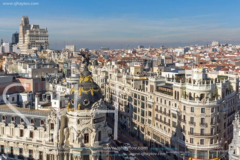 MADRID, SPAIN - JANUARY 24, 2018:  Amazing Panoramic view of city of Madrid from Circulo de Bellas Artes, Spain