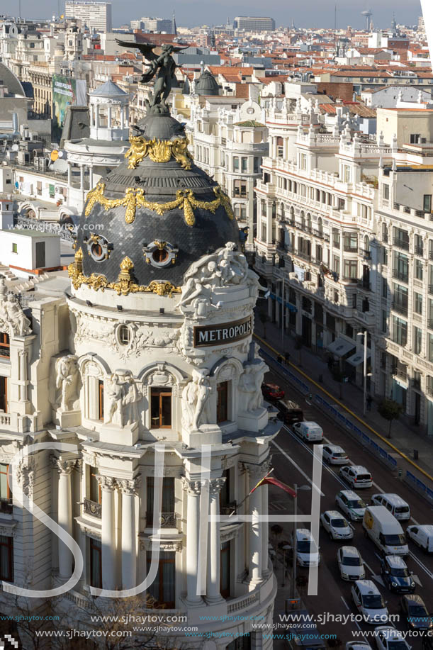 MADRID, SPAIN - JANUARY 24, 2018:  Amazing Panoramic view of city of Madrid from Circulo de Bellas Artes, Spain