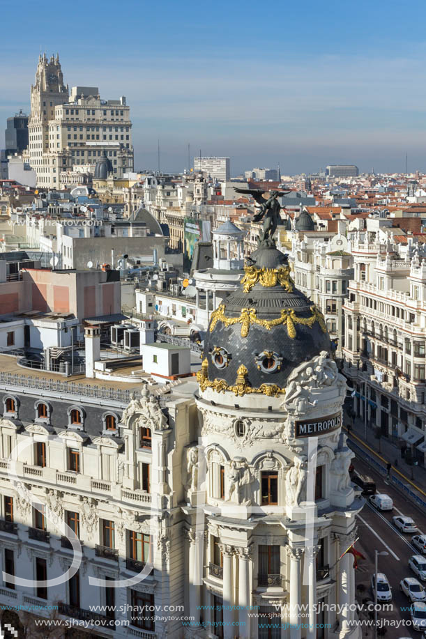 MADRID, SPAIN - JANUARY 24, 2018:  Amazing Panoramic view of city of Madrid from Circulo de Bellas Artes, Spain