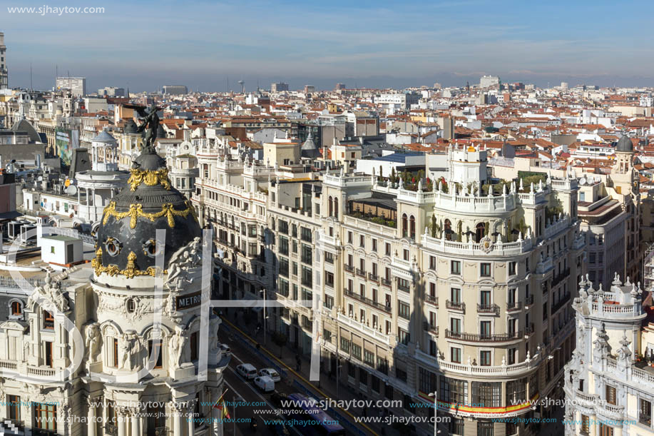 MADRID, SPAIN - JANUARY 24, 2018:  Amazing Panoramic view of city of Madrid from Circulo de Bellas Artes, Spain