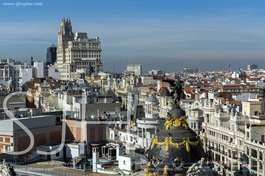 MADRID, SPAIN - JANUARY 24, 2018:  Amazing Panoramic view of city of Madrid from Circulo de Bellas Artes, Spain