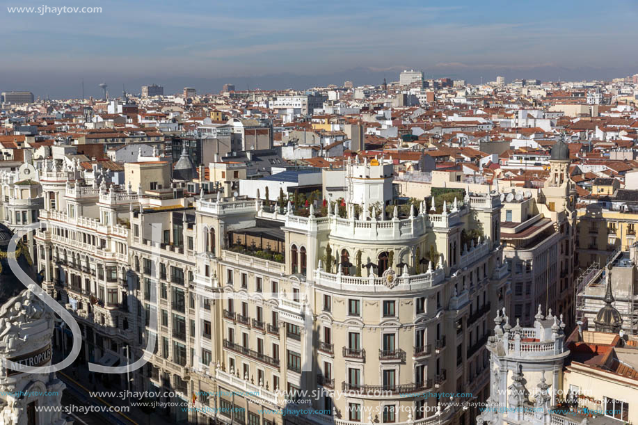 MADRID, SPAIN - JANUARY 24, 2018:  Amazing Panoramic view of city of Madrid from Circulo de Bellas Artes, Spain