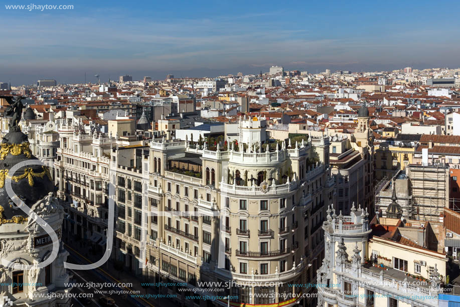 MADRID, SPAIN - JANUARY 24, 2018:  Amazing Panoramic view of city of Madrid from Circulo de Bellas Artes, Spain