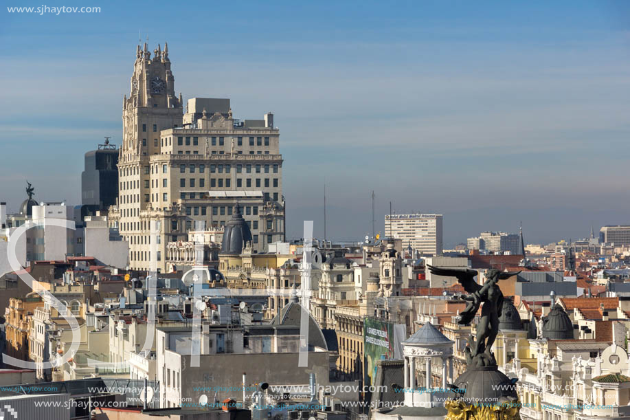 MADRID, SPAIN - JANUARY 24, 2018:  Amazing Panoramic view of city of Madrid from Circulo de Bellas Artes, Spain