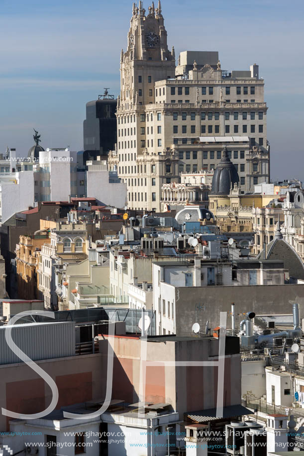 MADRID, SPAIN - JANUARY 24, 2018:  Amazing Panoramic view of city of Madrid from Circulo de Bellas Artes, Spain