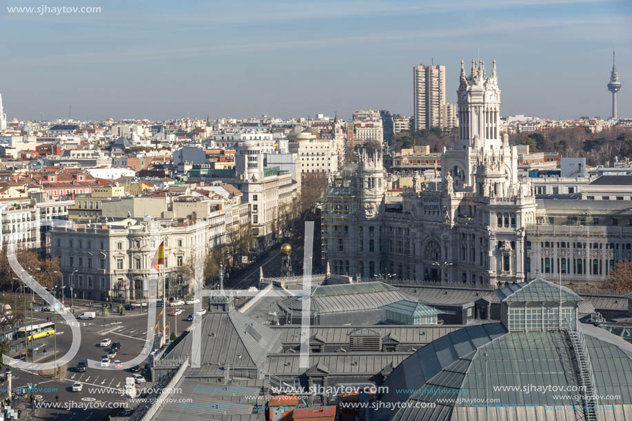 MADRID, SPAIN - JANUARY 24, 2018:  Amazing Panoramic view of city of Madrid from Circulo de Bellas Artes, Spain