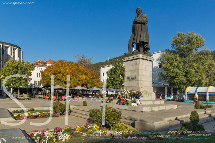 BLAGOEVGRAD, BULGARIA - OCTOBER 6, 2018: Gotse Delchev monument at The Center of town of Blagoevgrad, Bulgaria