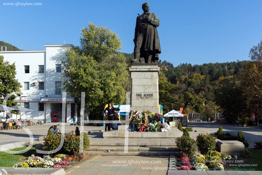 BLAGOEVGRAD, BULGARIA - OCTOBER 6, 2018: Gotse Delchev monument at The Center of town of Blagoevgrad, Bulgaria