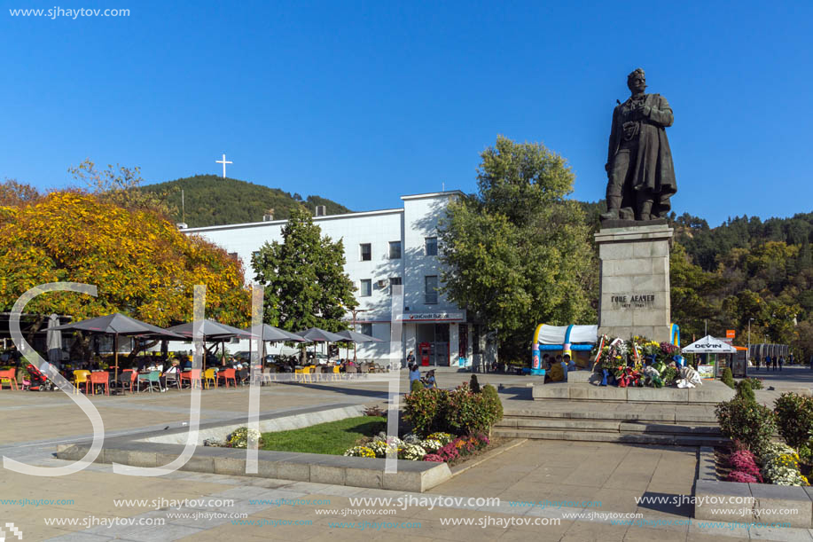 BLAGOEVGRAD, BULGARIA - OCTOBER 6, 2018: Gotse Delchev monument at The Center of town of Blagoevgrad, Bulgaria