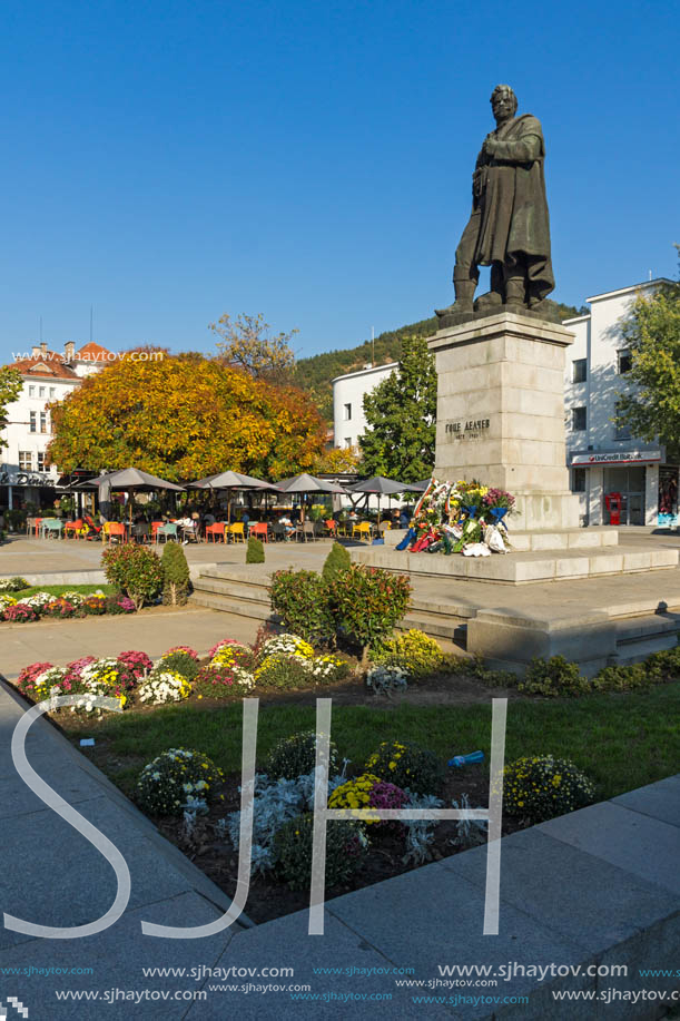 BLAGOEVGRAD, BULGARIA - OCTOBER 6, 2018: Gotse Delchev monument at The Center of town of Blagoevgrad, Bulgaria