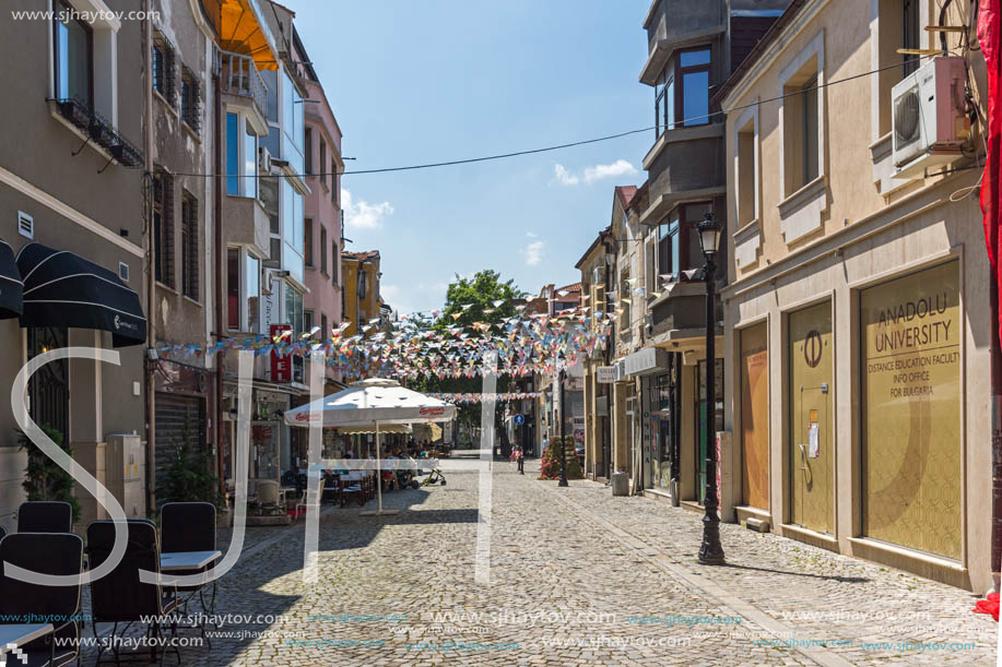 KAPANA, PLOVDIV, BULGARIA - JULY 5, 2018:  Street and houses in district Kapana, city of Plovdiv, Bulgaria