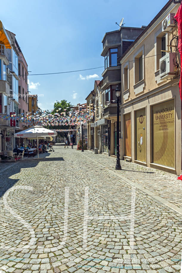 KAPANA, PLOVDIV, BULGARIA - JULY 5, 2018:  Street and houses in district Kapana, city of Plovdiv, Bulgaria